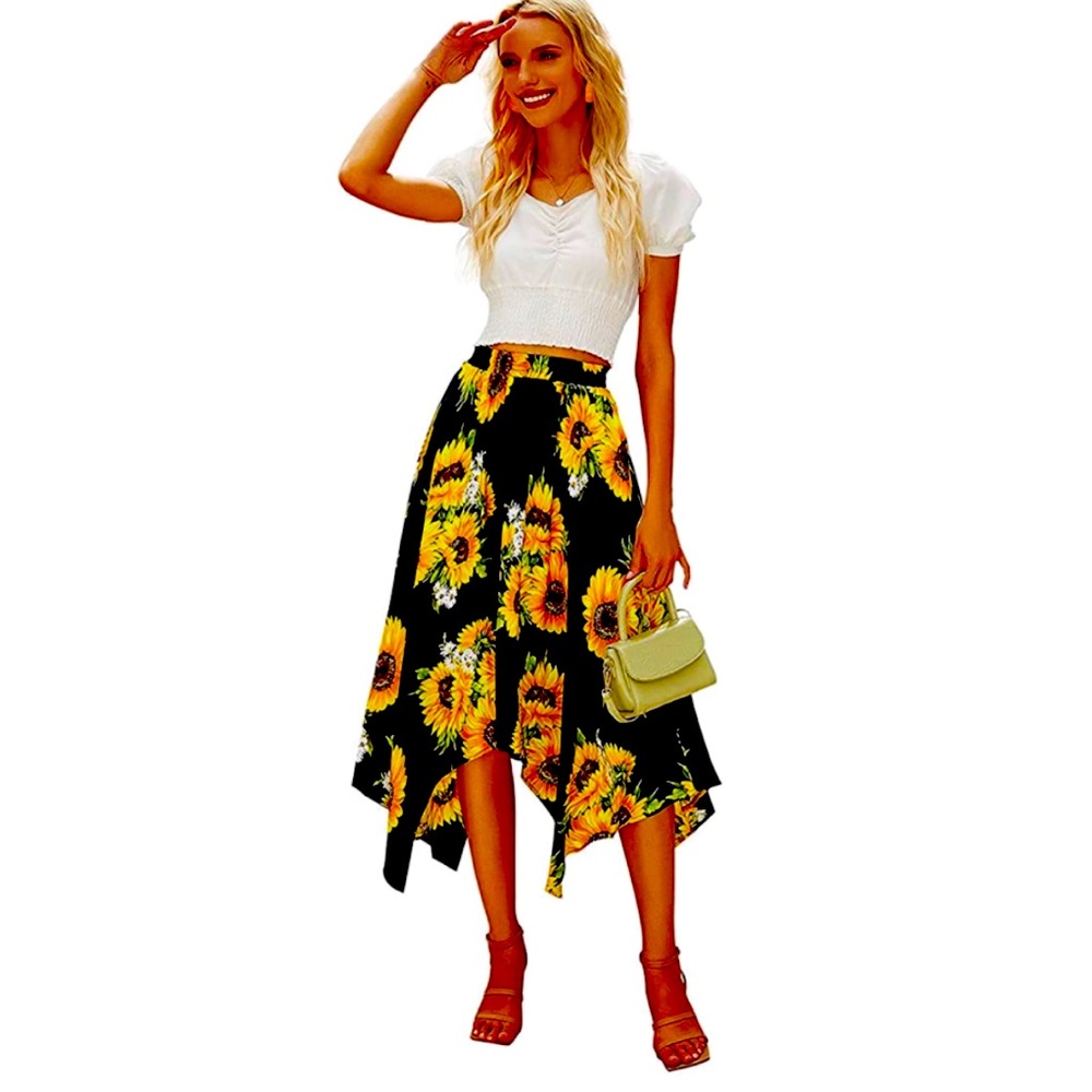 Midi asymmetrical boho sunflower skirt